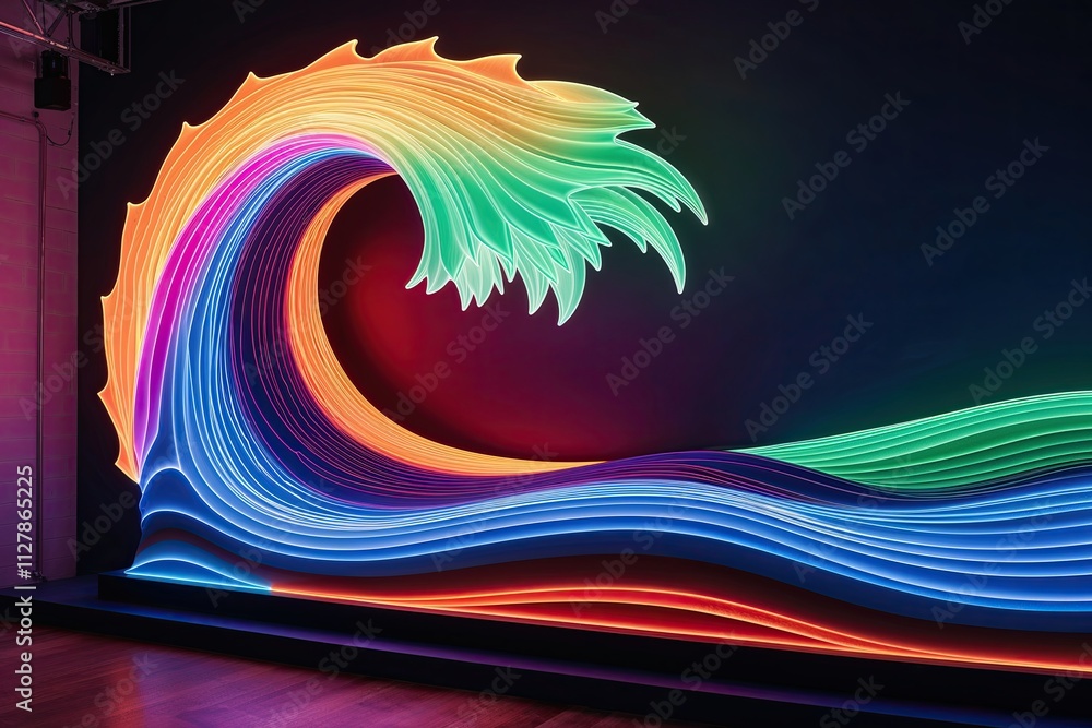 Poster surreal three-dimensional display of a vibrant multicolor illuminated wave in lively motion