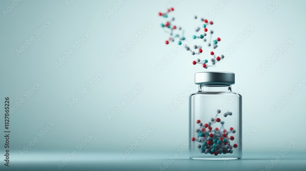 Poster abstract representation of molecular structure above a glass vial, showcasing scientific concepts re