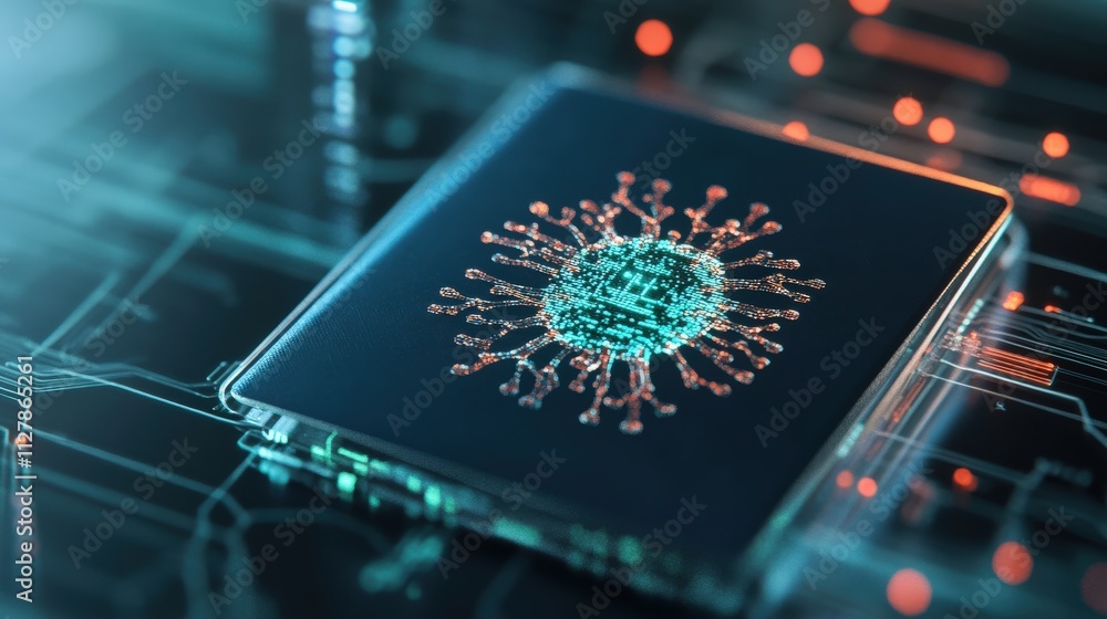 Poster Abstract representation of a microchip with a digital virus illustration, showcasing technology, data security, and innovation in a cyber environment