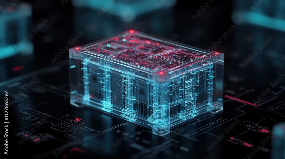 Aufkleber Futuristic Transparent Technology Cube with Glowing Blue Lines and Red Dots on a Dark Circuit Board Background, Representing Advanced Data Processing and Innovation