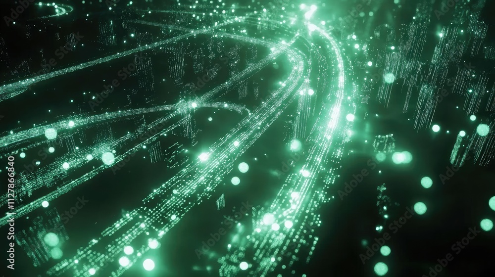 Poster futuristic green light trails with sparkling particles and data flow