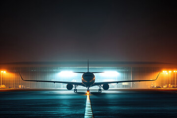 Airplane in an airport at night, illuminated by terminal and runway lights. Copyspace in the center. Moody, glowing lighting. Airport hangar in the background.