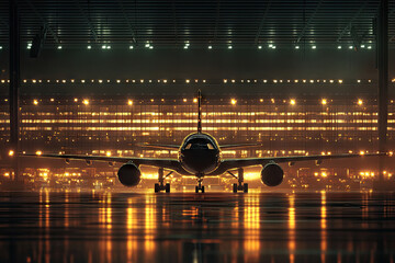 Airplane in an airport at night, illuminated by terminal and runway lights. Copyspace in the center. Moody, glowing lighting. Airport hangar in the background.