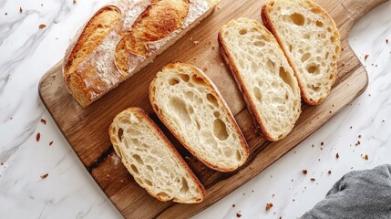 Naklejka premium Freshly Sliced Artisan Bread on Wooden Cutting Board