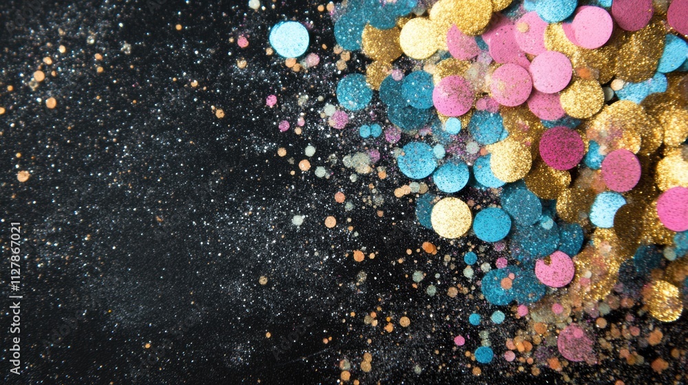 Poster multicolored confetti cascades down on a black backdrop, adding sparkle and vibrancy to decorations 