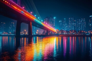 A city bridge illuminated with colorful lights, stretching over a river at night, the lights reflect in the water, Generative AI