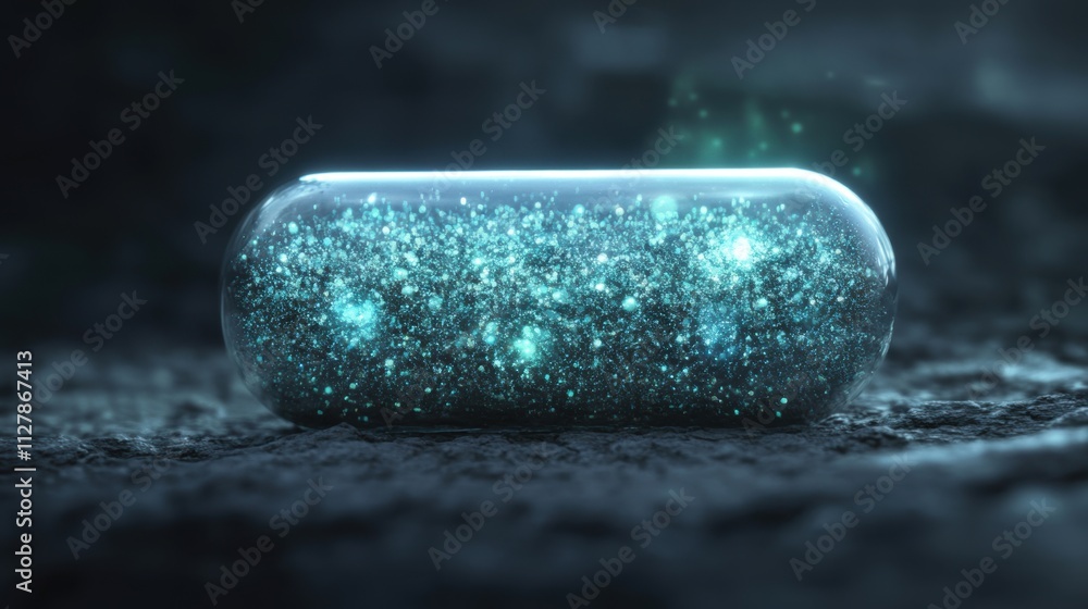 Poster a glowing, futuristic capsule filled with luminous particles, lying on a dark textured surface with 