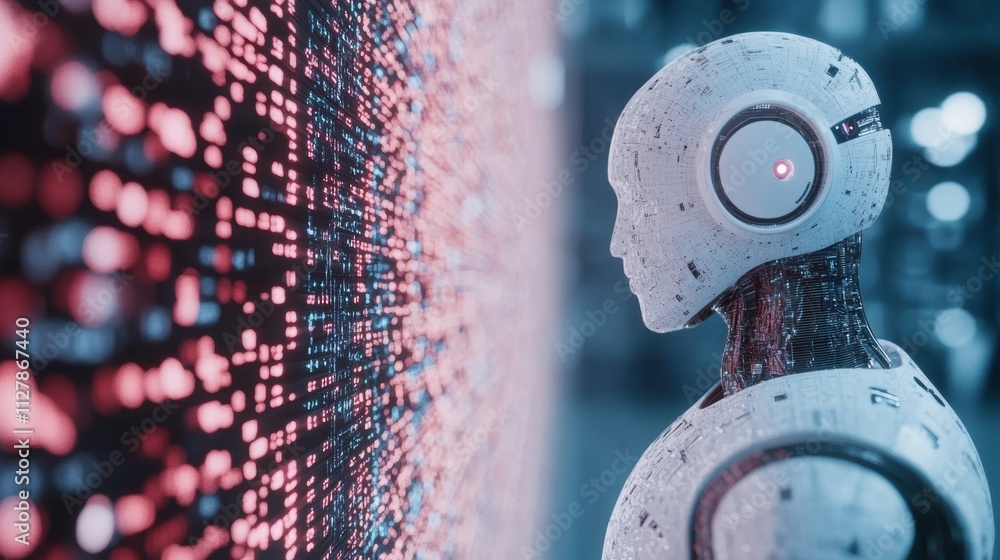 Poster a futuristic ai robot observes a glowing wall of data, symbolizing advanced machine learning, artifi