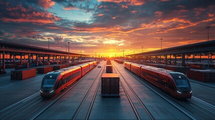 Obraz premium A vibrant sunset illuminates a train yard, with red trains lined up alongside shipping containers, creating a striking industrial scene.