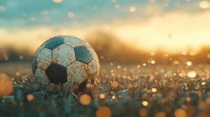 Fototapeta premium A mud-splattered soccer ball rests on dewy grass during sunrise, evoking nostalgia and the spirit of outdoor sports.