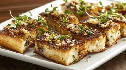 Crispy Bread Segments Topped with Fresh Microgreens and Herbs