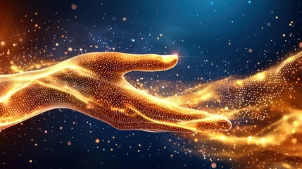 Fototapeta premium A visually stunning abstract digital wave composition featuring dot patterns and gradient colors, overlaid with a hand shape conveying a sense of futuristic technology