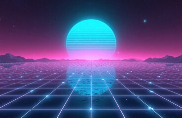 Futuristic landscape glows with neon grid. Glowing horizon reflects on grid-like surface. Vibrant colors in space. Vaporwave aesthetic. Tech scene reflected in grid. Large turquoise sun. Pink, purple