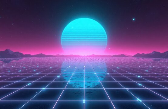 Futuristic landscape glows with neon grid. Glowing horizon reflects on grid-like surface. Vibrant colors in space. Vaporwave aesthetic. Tech scene reflected in grid. Large turquoise sun. Pink, purple