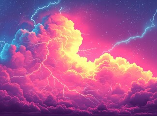 Colorful Pop Art Background with Lightning and Clouds