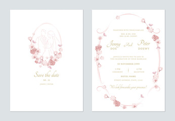 Wedding invitation template set of minimalist pink floral oval frame on a white background, creating a romantic and timeless feel