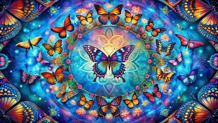 Naklejka premium Vibrant Mandala of Colorful Butterflies Encircling a Central Jewel-Toned Butterfly in a Mystical Cosmic Setting