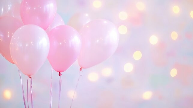 Pink balloons fill the vibrant atmosphere of a sweet sixteen birthday party illuminated by soft, twinkling lights in the background