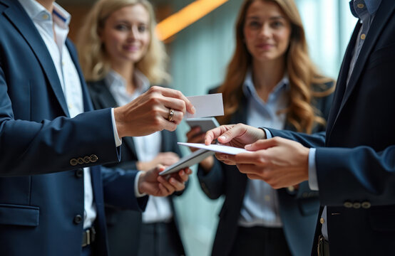 Businesspeople exchange business cards at modern conference hall networking event. Attendees in suits interact professionally. Lively atmosphere, active exchanges characterize meeting. Event likely