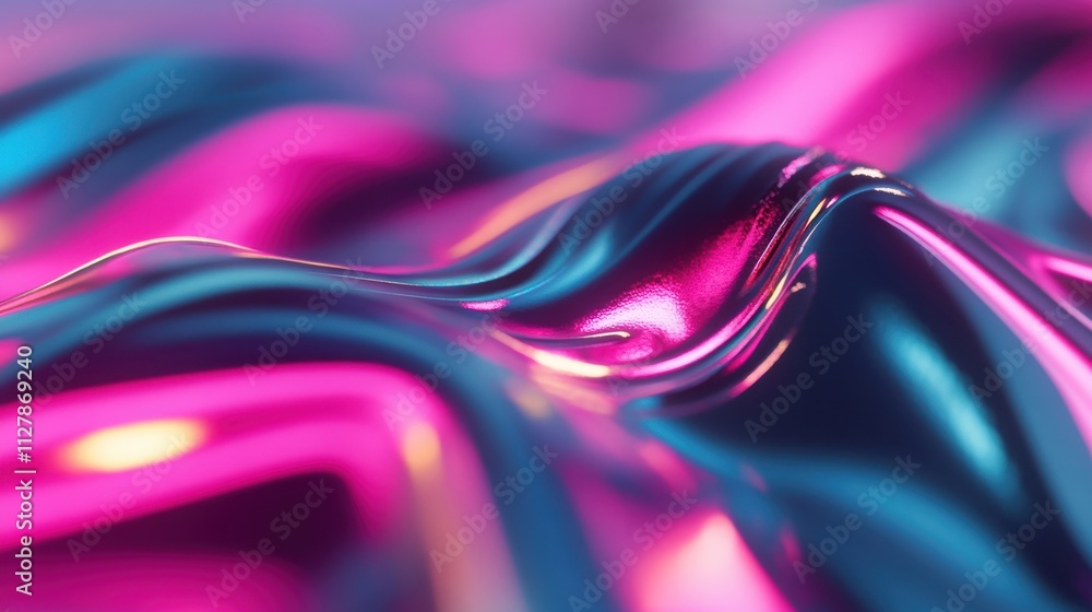 Poster close-up of shiny, fluid metallic waves in vibrant neon pink and blue, creating a futuristic and dyn