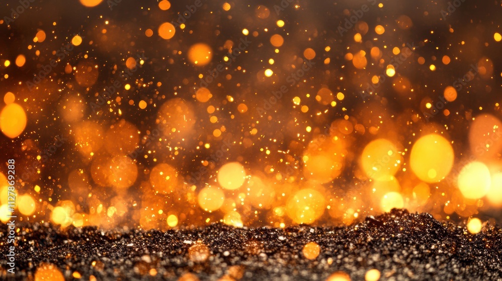 Poster golden bokeh lights shimmering on a dark background, creating a luxurious and festive atmosphere.