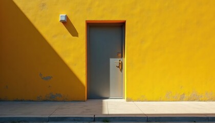 Bright yellow building exterior features a large gray metal door. Sunlight casts a shadow on the sidewalk. Urban scene. Exterior design. Modern building.