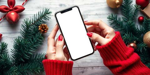 Close-up of woman's hands in red sweater holding smartphone with blank screen during Christmas time, copy space available, red sweater, copy space
