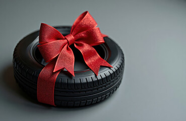 Black tire gift wrapped in red ribbon. Holiday themed gift. Presents as gift for car related occasion. Christmas presents car care products. Great image for auto holiday shops. Potential for