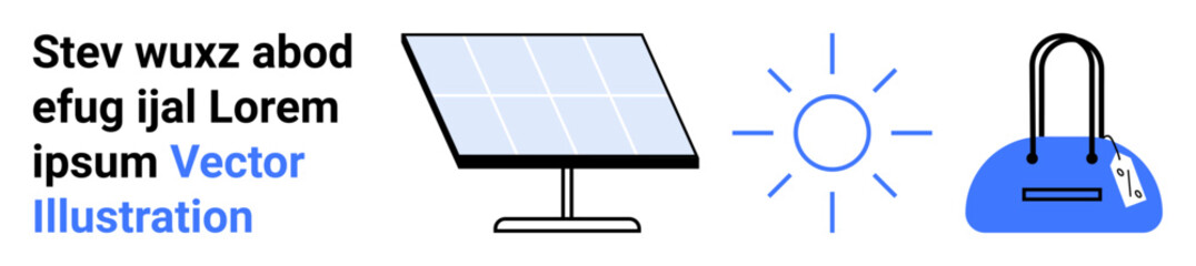 Solar panel absorbing sunlight, blue sun icon, and eco-friendly shopping bag with tag. Ideal for sustainability, renewable energy, environmental awareness, green technology, shopping, solar energy