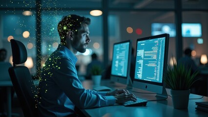 Programmer, computer screens, digital particles, man coding in n