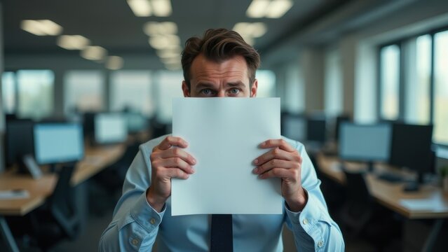 Businessman holding blank paper, looking shy in open plan office