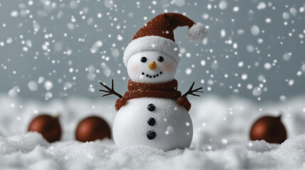 cheerful snowman wearing red hat and scarf stands in snow, surrounded by festive ornaments. Snowflakes gently fall, creating magical winter scene