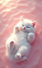 An adorable white kitten peacefully sleeping on a soft surface