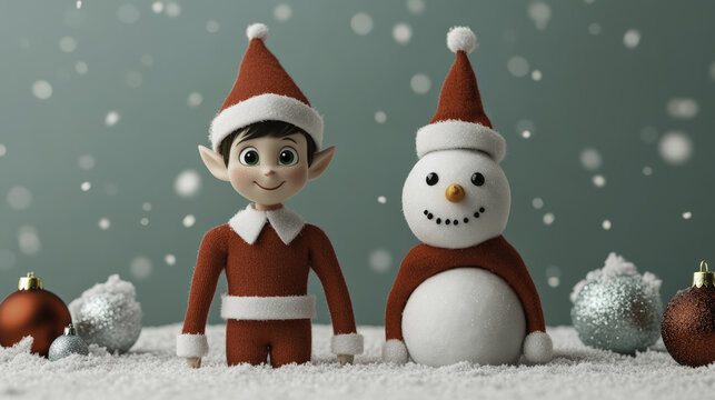 cheerful 3D elf character stands beside snowman, both adorned in festive attire, surrounded by sparkling ornaments and falling snowflakes, creating joyful winter scene