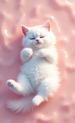 An adorable white kitten peacefully sleeping on a soft surface