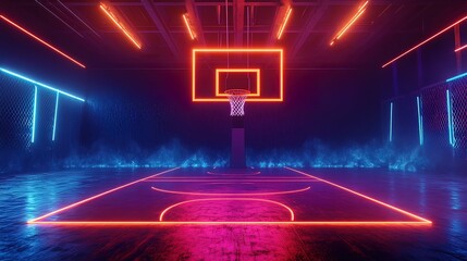 Neon basketball court with a hoop and blue and orange lights.