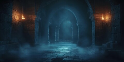 Dark medieval castle corridor dungeon catacombs with torches spooky atmosphere