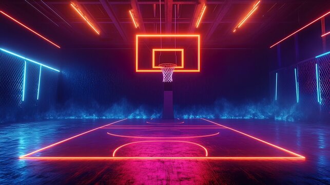 Neon basketball court with a hoop and blue and orange lights.