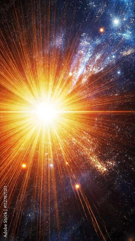 Wall mural bright explosion of light radiates in the cosmos surrounded by distant stars and galaxies at unknown
