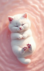 Fototapeta premium An adorable white kitten peacefully sleeping on a soft surface