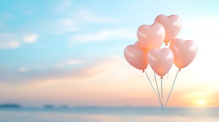 Fototapeta premium Valentine's day beach sunset heart-shaped balloons in a romantic soft color atmosphere