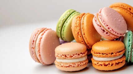 Fototapeta premium A tempting display of vibrant macaroons in various pastel hues set against a crisp white background, creating a visually striking and mouthwatering composition.