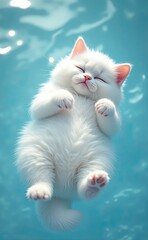 Fototapeta premium An adorable white kitten peacefully sleeping on a soft surface