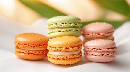 A tempting display of vibrant macaroons in various pastel hues set against a crisp white background, creating a visually striking and mouthwatering composition.