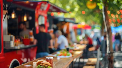Defocused background of happy customers enjoying their meals from food trucks.