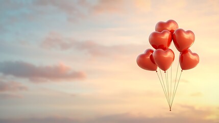 Aerial view of valentine's day sky with heart balloons in a romantic celebration mood
