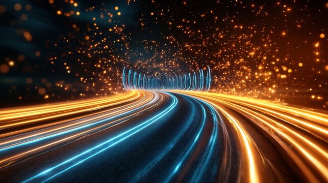 The scene depicts a futuristic neon glowing road at dark, with vibrant blue lights illuminating the perspective road