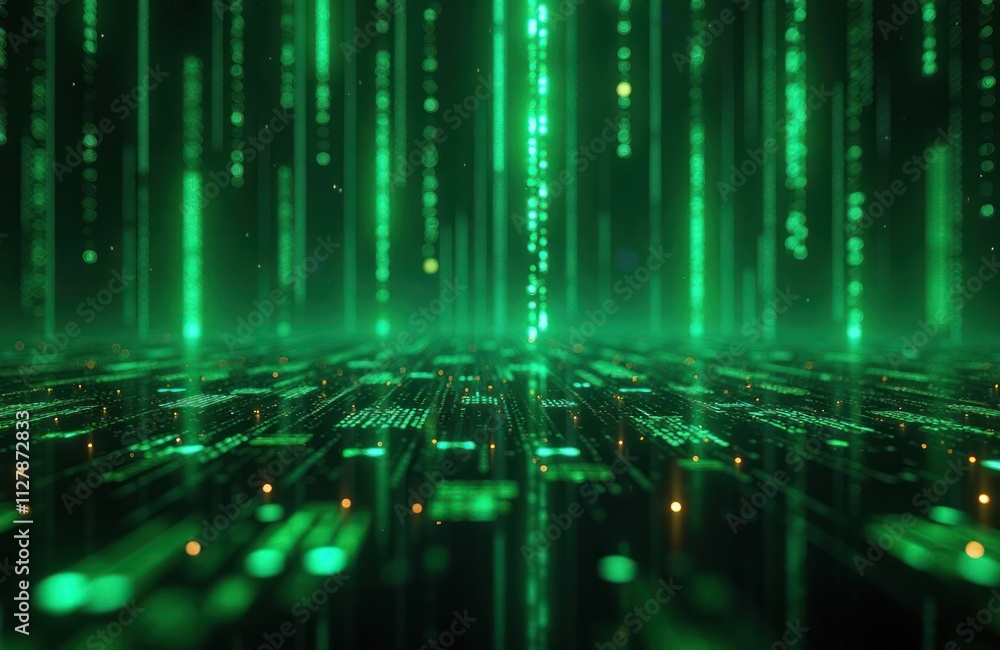 Poster futuristic digital matrix shows green code falling in cyberspace at night. dynamic tech background w