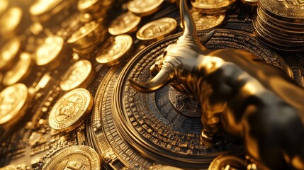 Photorealistic, ultra detailed image of gold coins forming a massive wave crashing over Wall Street