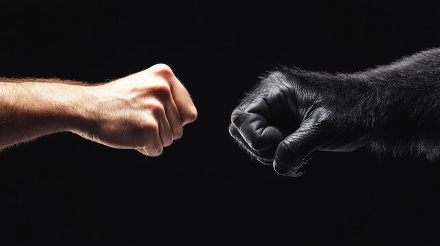 Close up of man hand and gorilla hand in fist bump, symbolizing connection and strength. contrasting textures highlight bond between humans and nature